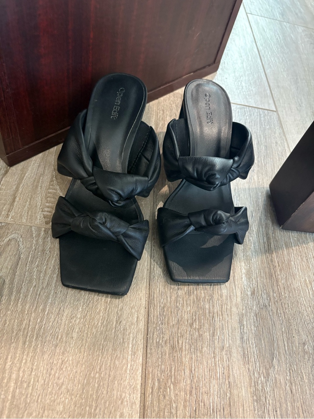 Open End Black Knotted Double-Strap Slide Mules